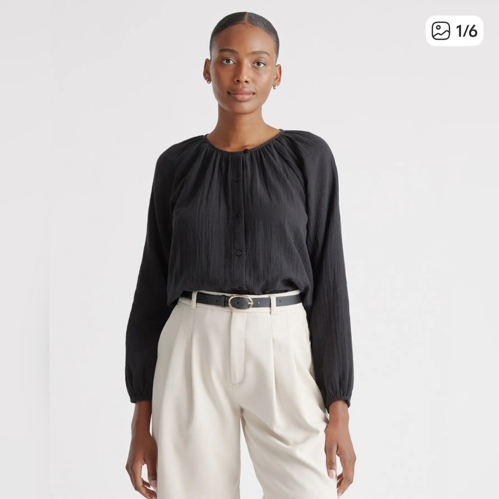 Quince 100% Organic Cotton Gauze Peasant Blouse Black XS